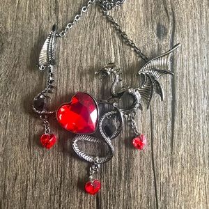 Pewter colored dragon with hearts costume necklace
